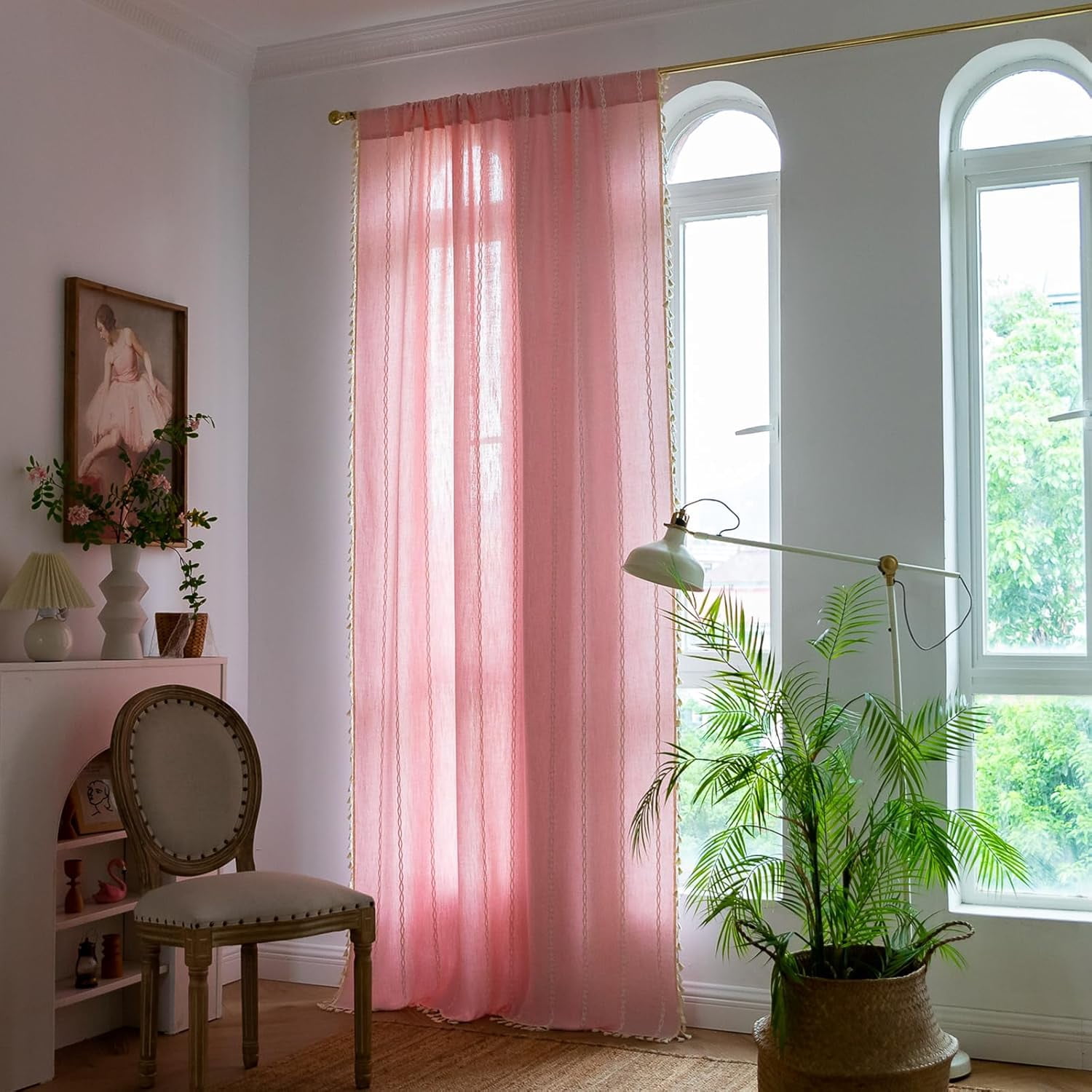 Psoiuetr Pink Boho Curtains for Bedroom Living Room Linen Cotton Embroidered Semi Blackout Farmhouse Window Treatment Drape Vintage Tassels Rod Pocket 1 Panel 52" W x 84" L