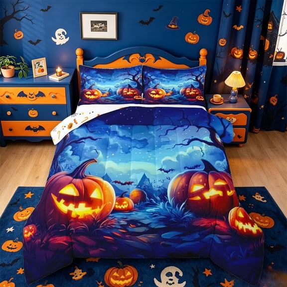 Homewish Magical Halloween Pumpkin Full Size Comforter Sets,Bat Night Sky Print Bedding Comforter Set,Deep Blue Orange,Halloween Reversible,3 Pieces,1 Comforter and 2 Pillowcases