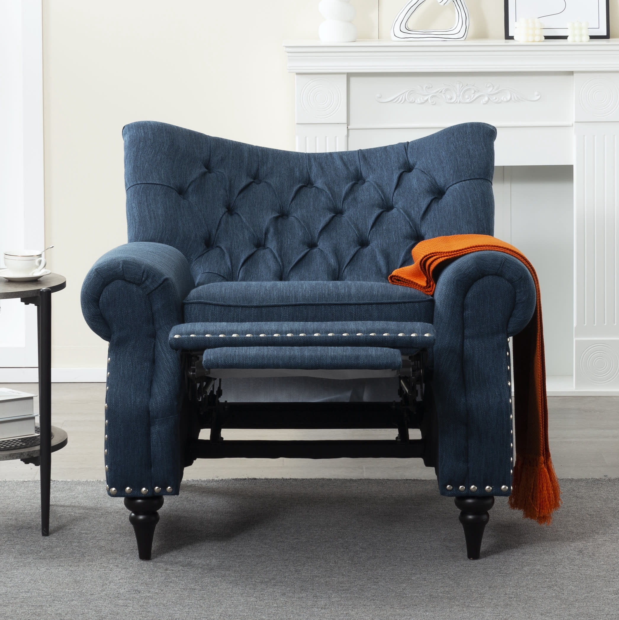 Gewnee 38.58” Manual Push Back Recliner Linen Fabric for Living Room Office Bedroom Blue
