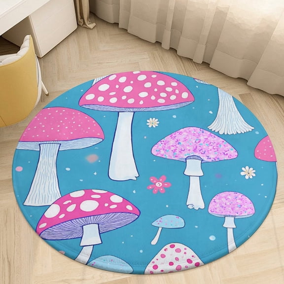 Colorful Mushrooms And Plants Round Area Rugs for Bedroom Living Room, 3FT Soft Indoor Circle Carpets, Carpet Home Decor Floor Mat