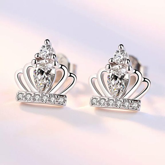 GKNET 925 Silver Crystal Zircon Crown Stud Earrings Women Fashion Jewelry