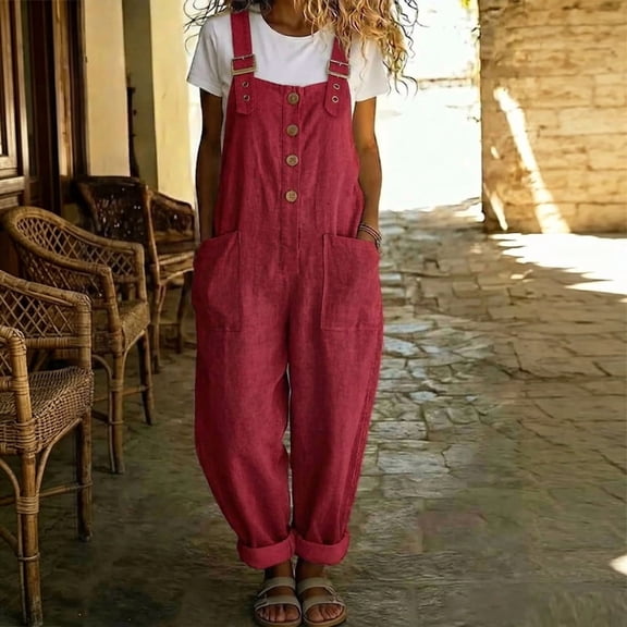 Morttic Women's Vintage Button Front Bib Pants – Straight Leg, Side Pockets, Solid Color Summer Overalls Red,S