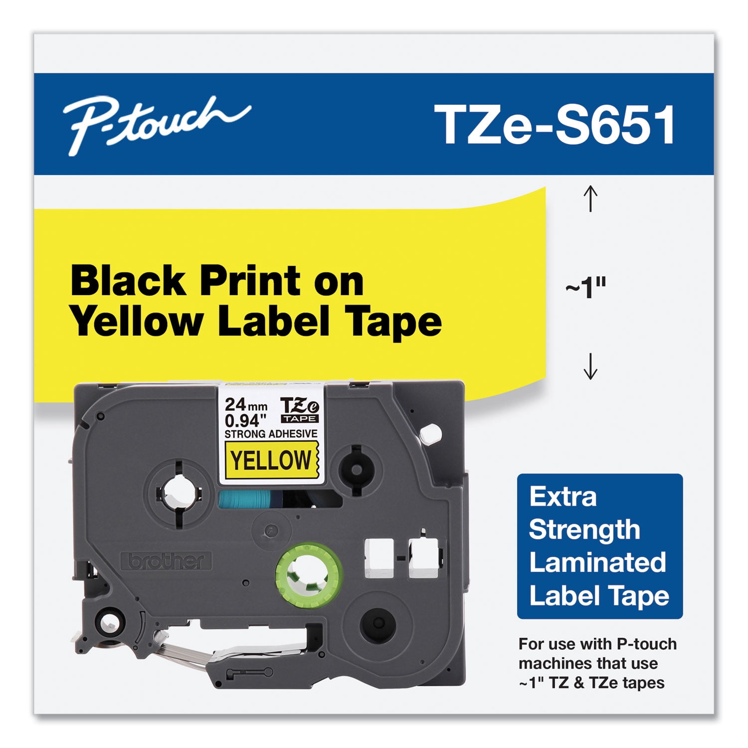 Brother Genuine P-touch TZE-S651 Tape, 1" (0.94") Wide Extra-Strength Adhesive Laminated Label Maker Tape, Black on Yellow, 0.94 in. x 26.2 ft. (24mm x 8M), TZES651