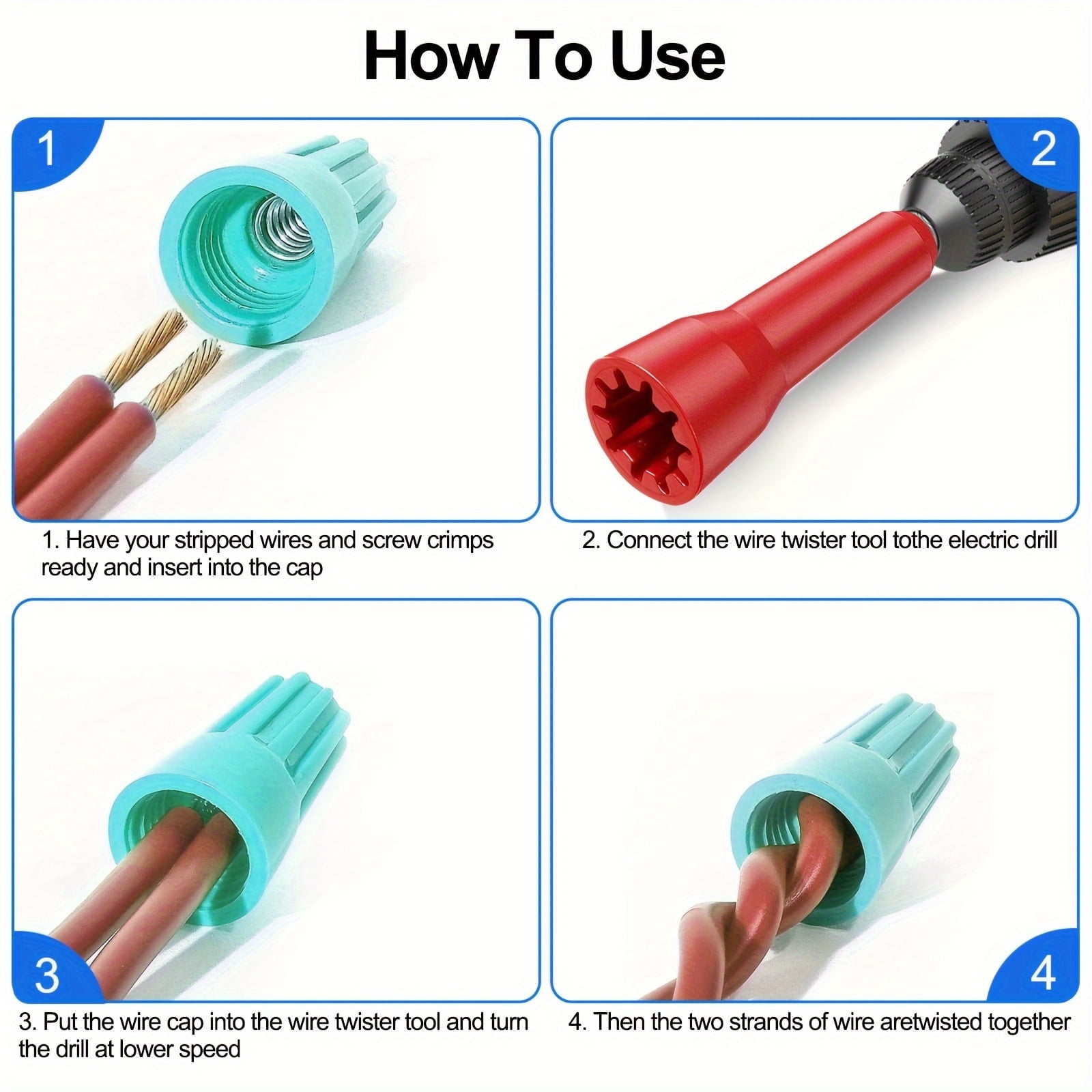 4-Piece Wire Stripper Twister Tool Set: Efficient Electric Wire Stripper Terminal Cap Sleeve, Wire Twister, 1/4in Hexagonal Handle Bit, Stripping Wire