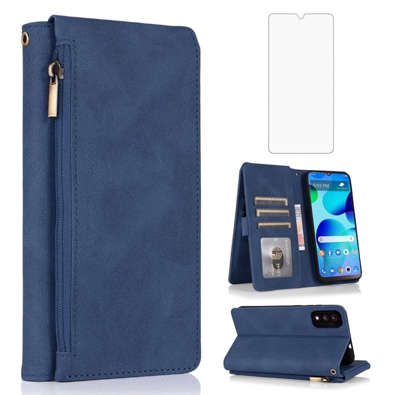 Asuwish Wallet Kickstand Hard Shell Cell Phone Case with Tempered Glass Screen Protector for TCL 30T, Blue
