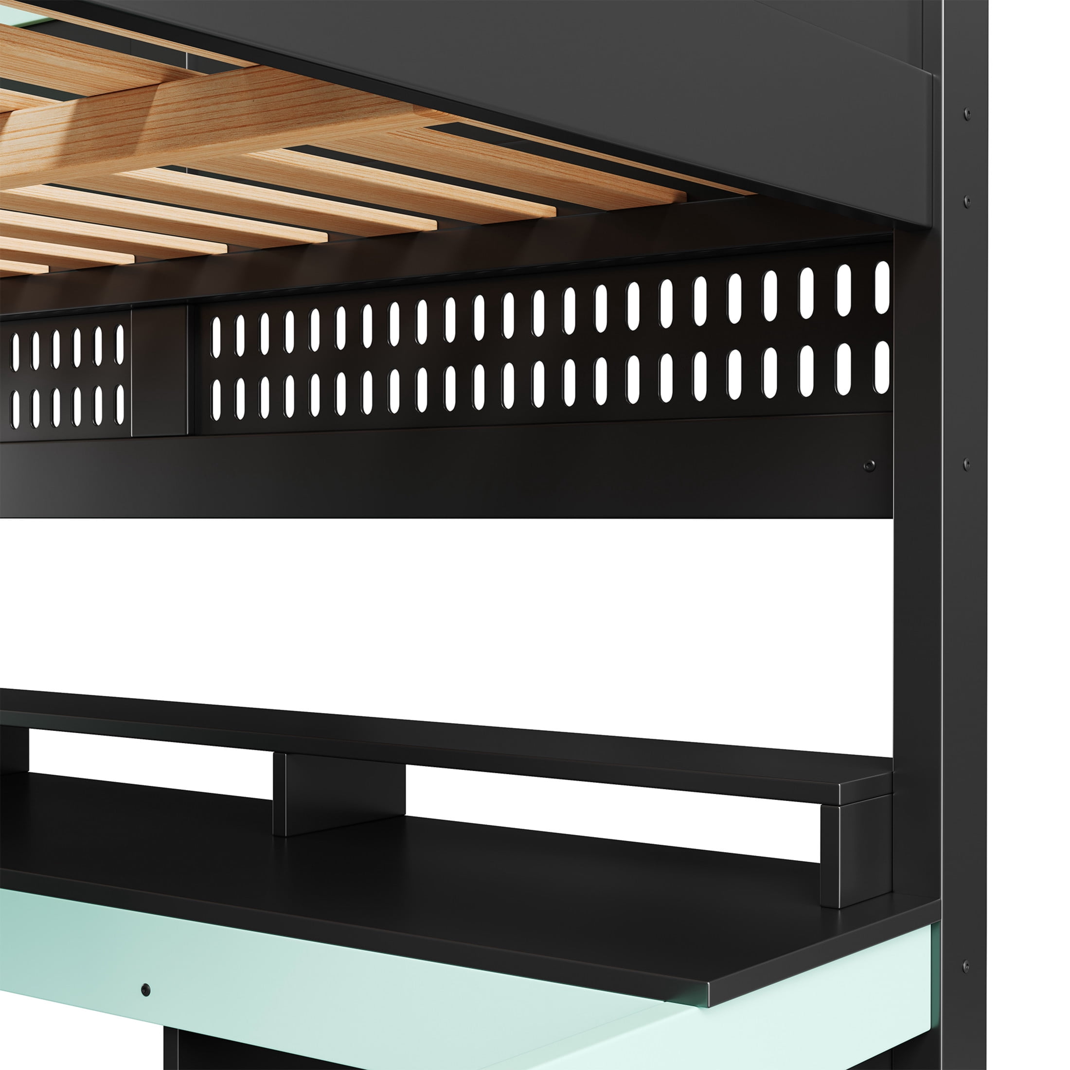 Noble House Dalmor Full Size Loft Bed with Multi-Color LED Lights, Detachable Pegboard & Gaming Desk, Black & Blue