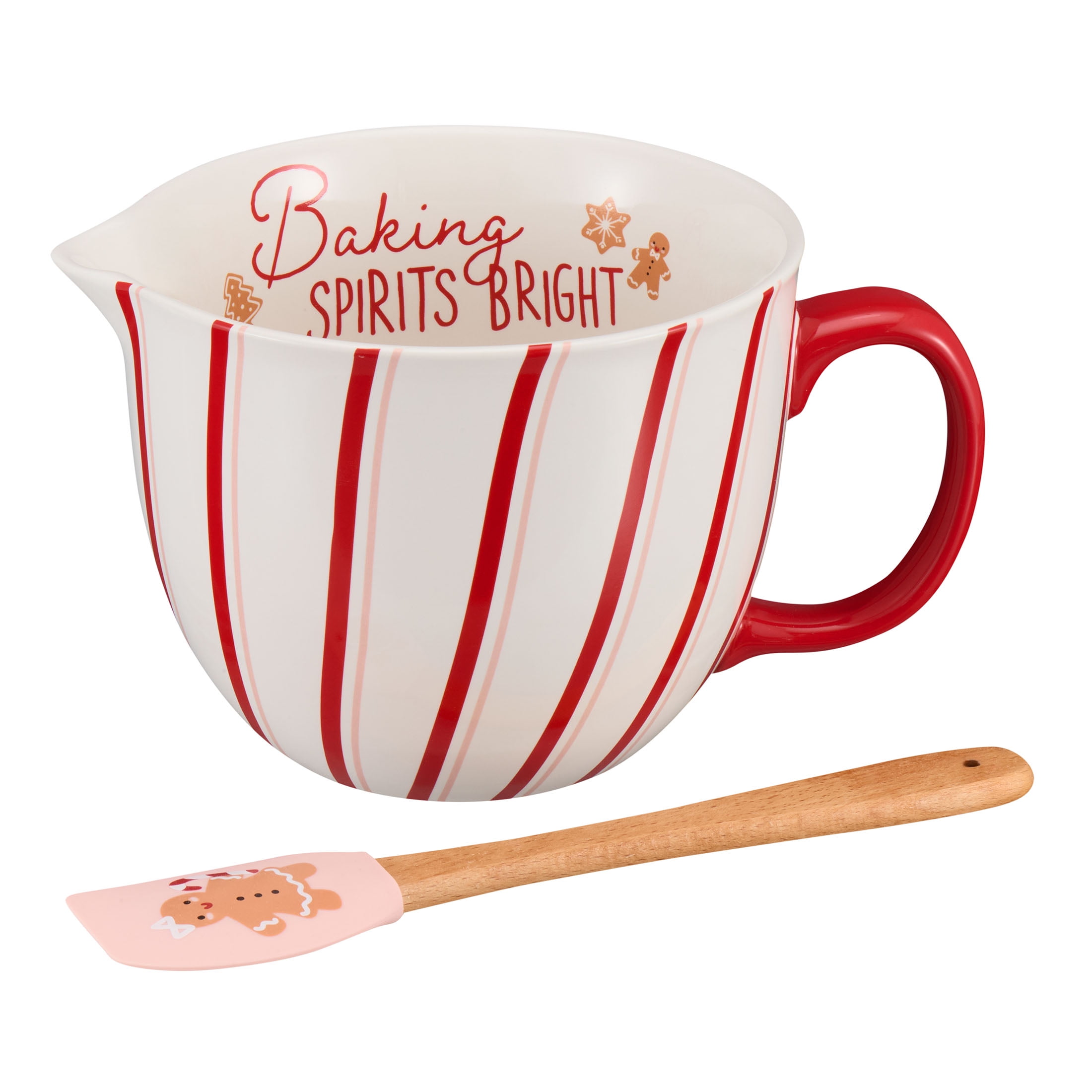 (2 pack) Holiday Time 2-Piece Stripes & Gingerbread Glazed Stoneware Batter Bowl & Spatula Set, Multicolor