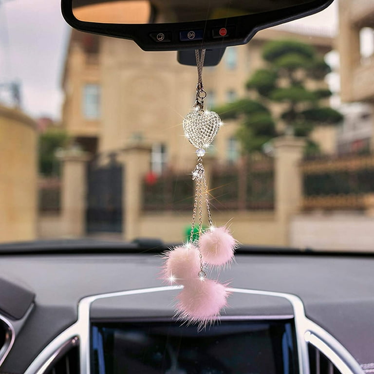 Bling Car Mirror Accessories for Women Men Bling Love Heart and Pink Plush  ball Bling Rinestones Diamond Car Accessories Crystal Car Rear View Mirror  Charms,Lucky Hanging Accessories 