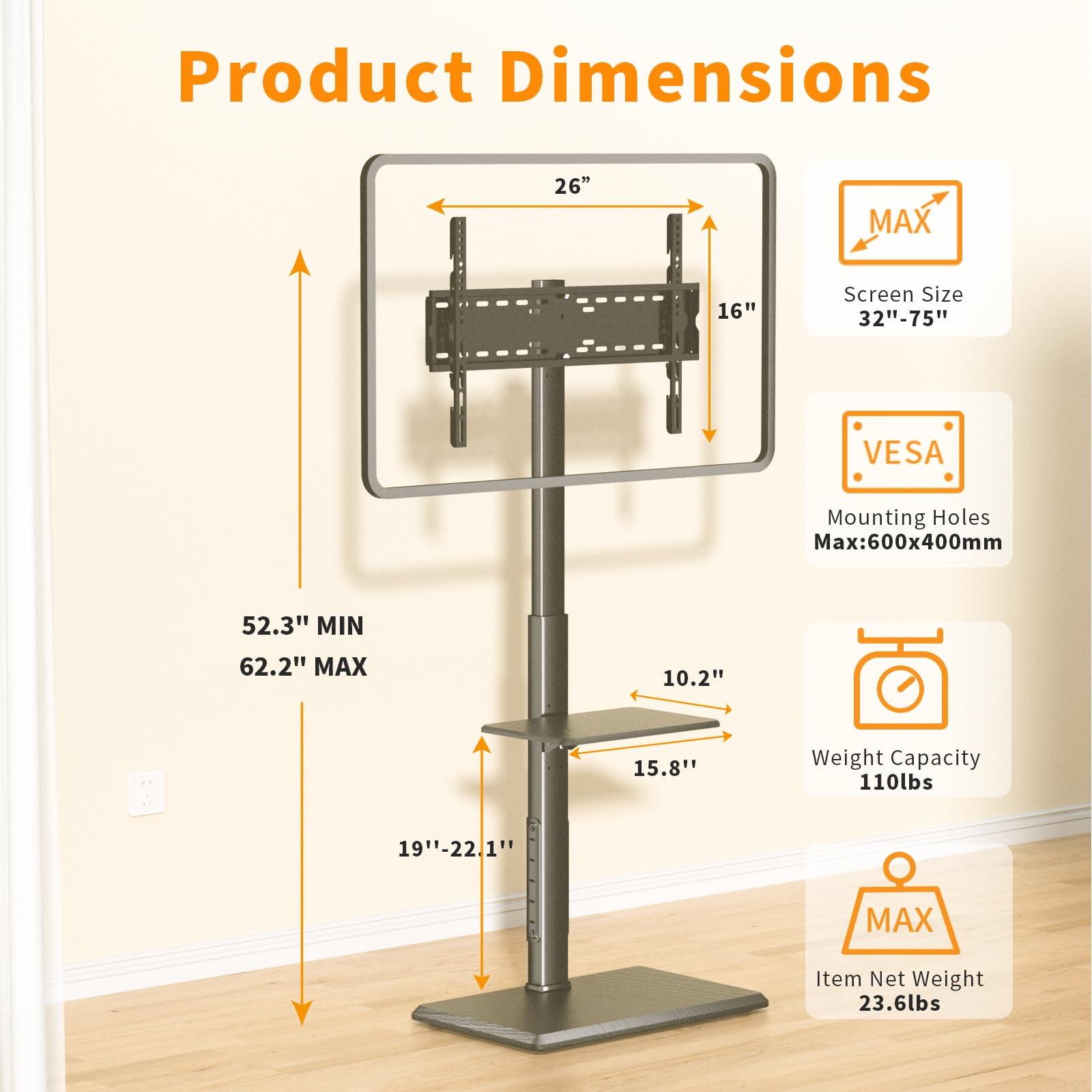 Afaloona Universal Floor TV Stand, TV Floor Mount Stand with Power Outlet & Removable Shelf for 32-75 inch TV up to 110 lbs, Swivel and Height Adjustable Tall TV Stand for Bedroom