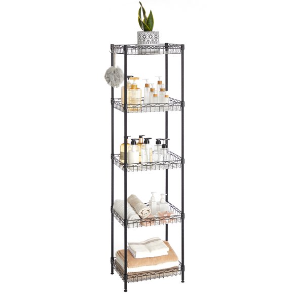 Songmics Home 5-Tier Metal Storage Rack with Hooks & Liners, Adjustable Shelves, 220 lb Capacity, Black