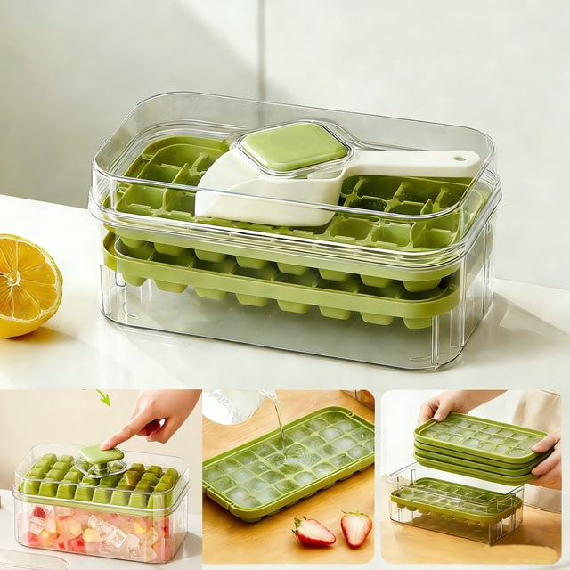 Bac à Glaçons avec Bac de Rangement Libération de Glace en un Clic Double Couche Machine à Glaçons Portable avec Poignée Conteneur de Glace Gratuit pour Fête à la Maison