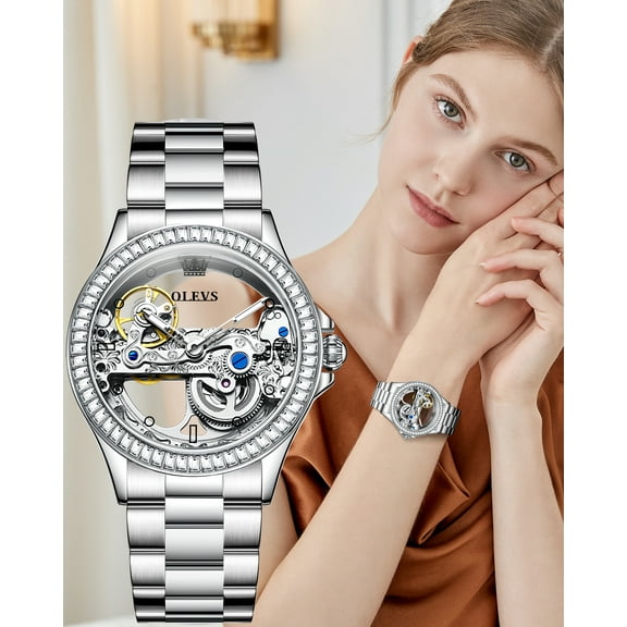 OLEVS Automatic Watches for Womens Mechanical Diamond Skeleton Self Winding Stainless Steel Luxury Dress Waterproof Luminous Ladies Watches Womens Wrist Watches Gift Reloj Para Mujer