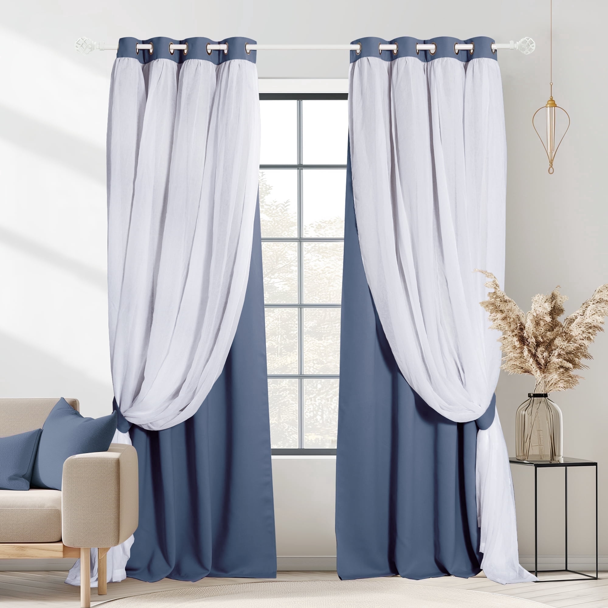NICETOWN Double Layer Curtains for Bedroom, Solid Ruffle Blackout Grommet French Country Elegant Layered Curtains, Blue Haze, W52 x L84, Set of 2