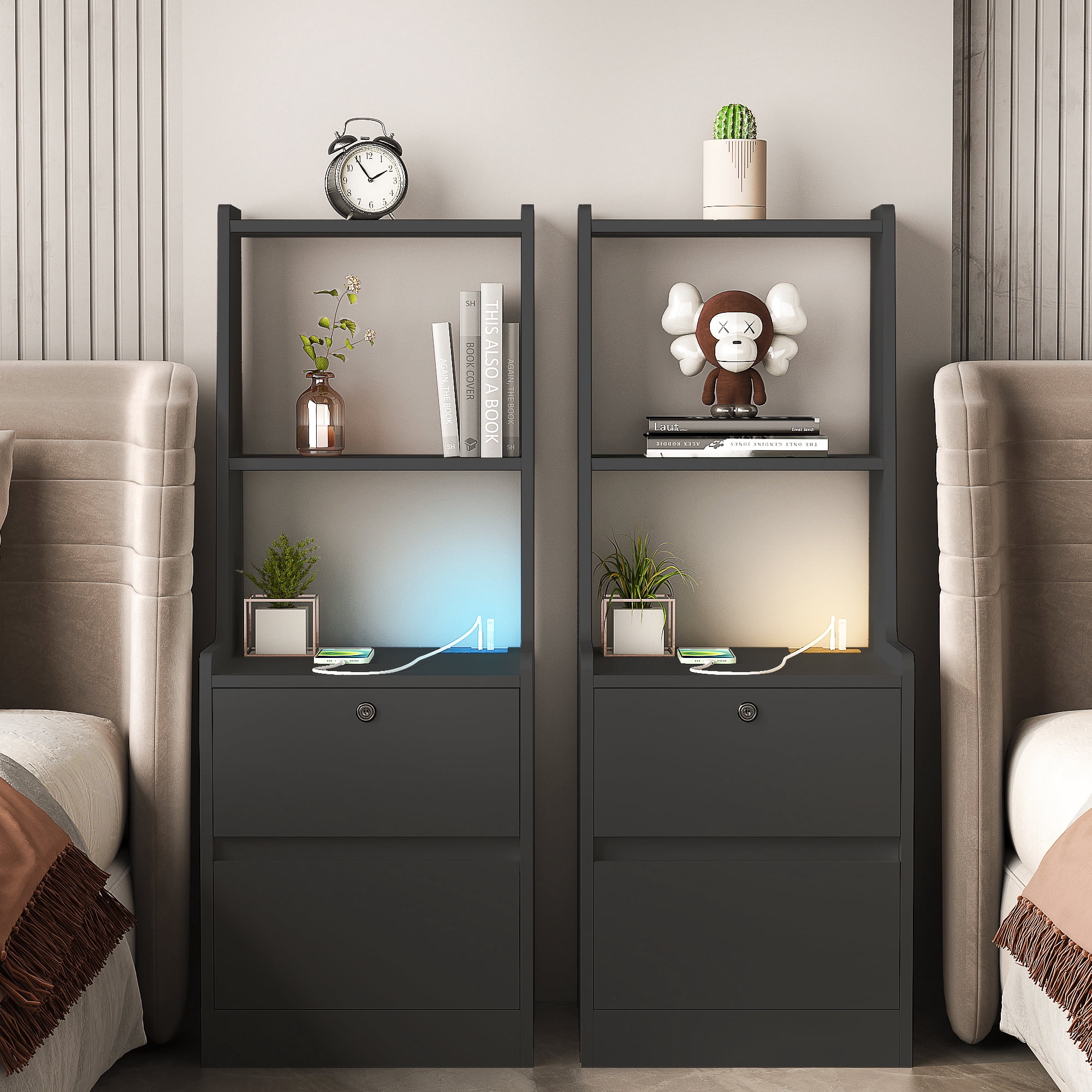Yoneston Stoage Nightstand with Charging Station and Removable Smart LED Night Light, Modern Tall Bedside Table with Open Shelves and Drawers, Black