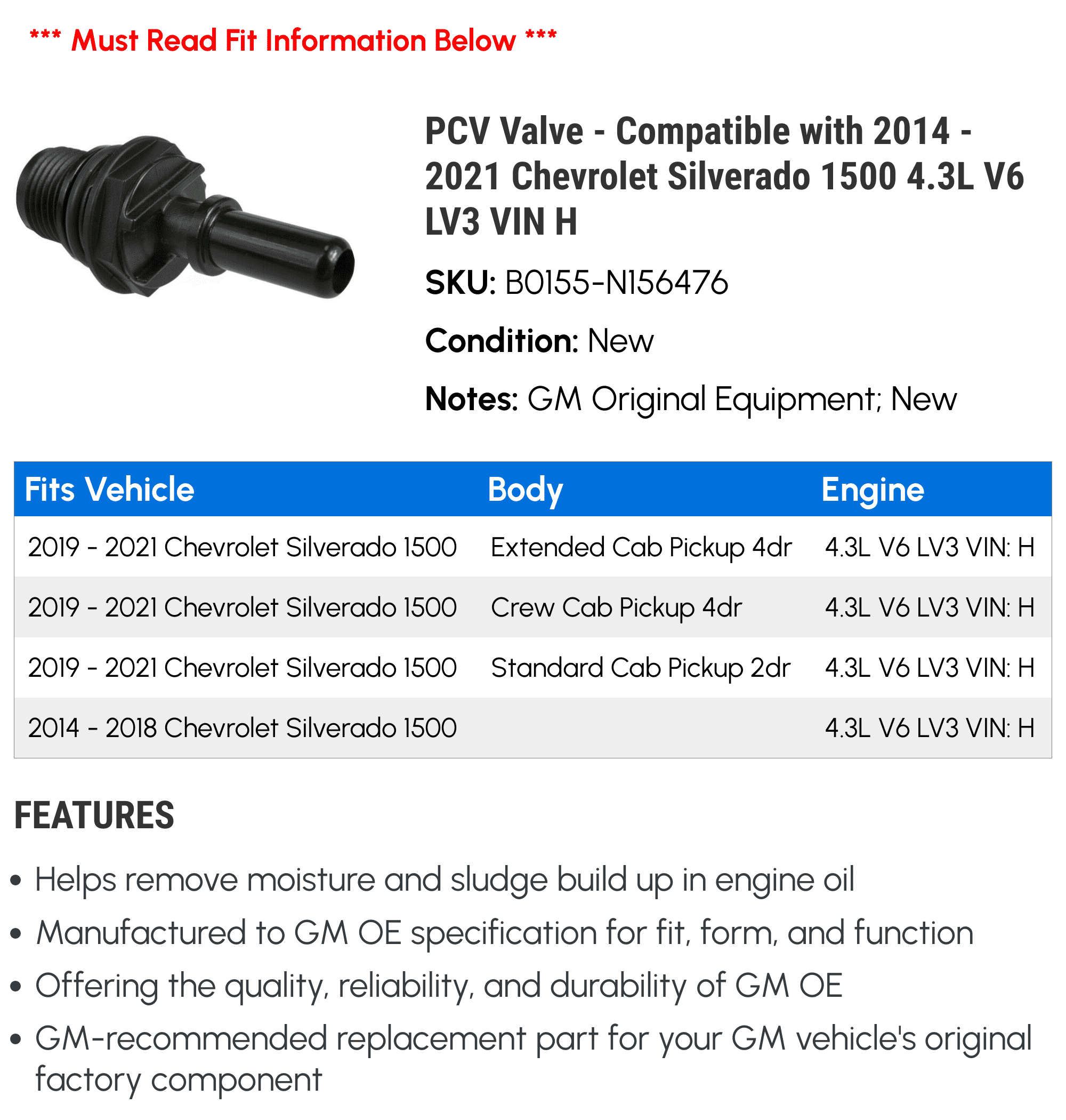 PCV Valve - Compatible with 2014 - 2021 Chevy Silverado 1500 4.3L V6 LV3 VIN H 2015 2016 2017 2018 2019 2020