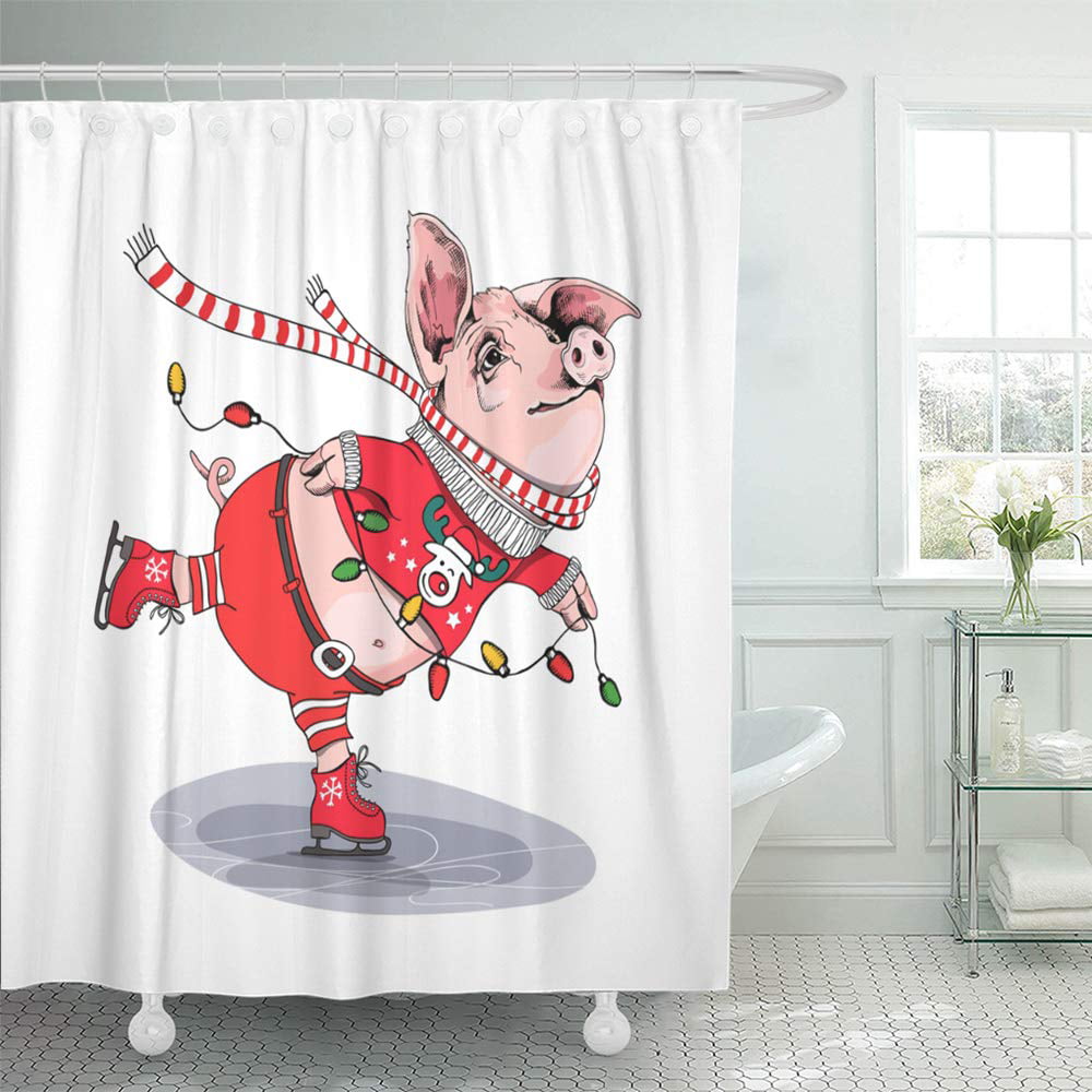 Hand Drawn Four Cute Pigs Head Bathroom Waterproof Fabric Shower Curtain Set 72" 