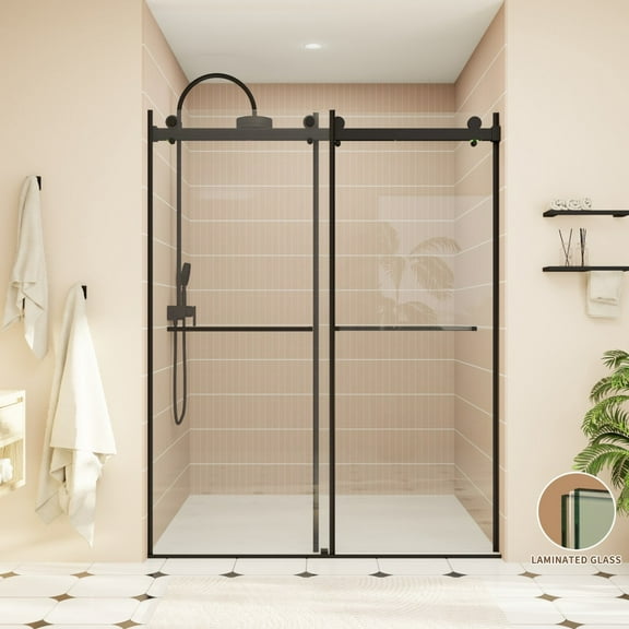 ExRoll-P Allsumhome 56"-60"W x 76"H Frameless Double Sliding Shower Door,10mm Tempered Glass Shower Enclosure,Easy Clean Coat,Matte Black,Buffer