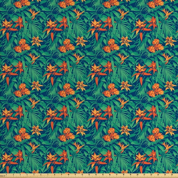 Tropical Upholstery Fabric by the Yard, Exotic Leafage Pattern with Hibiscus Blooms, Decorative Fabric for DIY and Home Accents, Sea Green Orange by Ambesonne