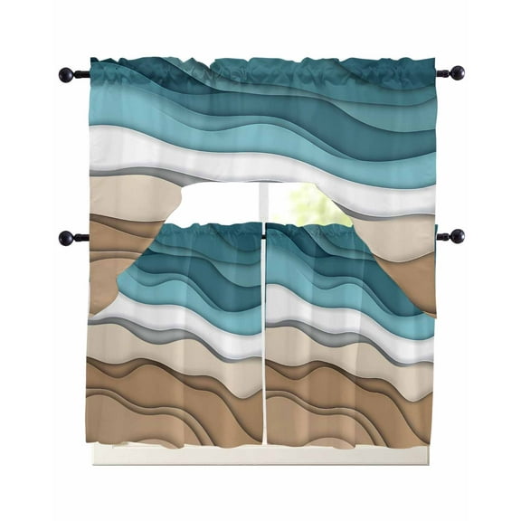 Teal Brown Ombre Kitchen Curtains Swag Valance and Tier Curtains Set 36 Inch Length, Modern Abstract Moire Aesthetics Rod Pocket Drape Panels Pair Swag Curtain for Bathroom/Cafe/Window