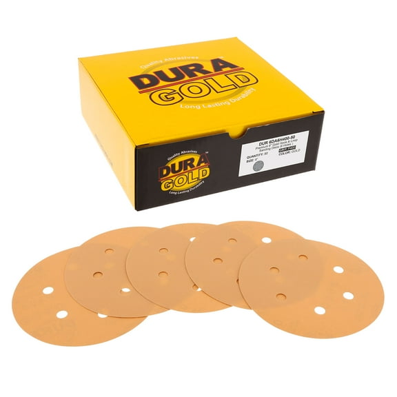 Dura-Gold Premium 400 Grit 6" Gold Sandpaper Discs, 6 Hole Pattern Dustless, Box of 50 - Hook & Loop Backing for DA Sander, Finishing Fine Cut Sanding Abrasive Auto Paint, Woodworking Wood Metal