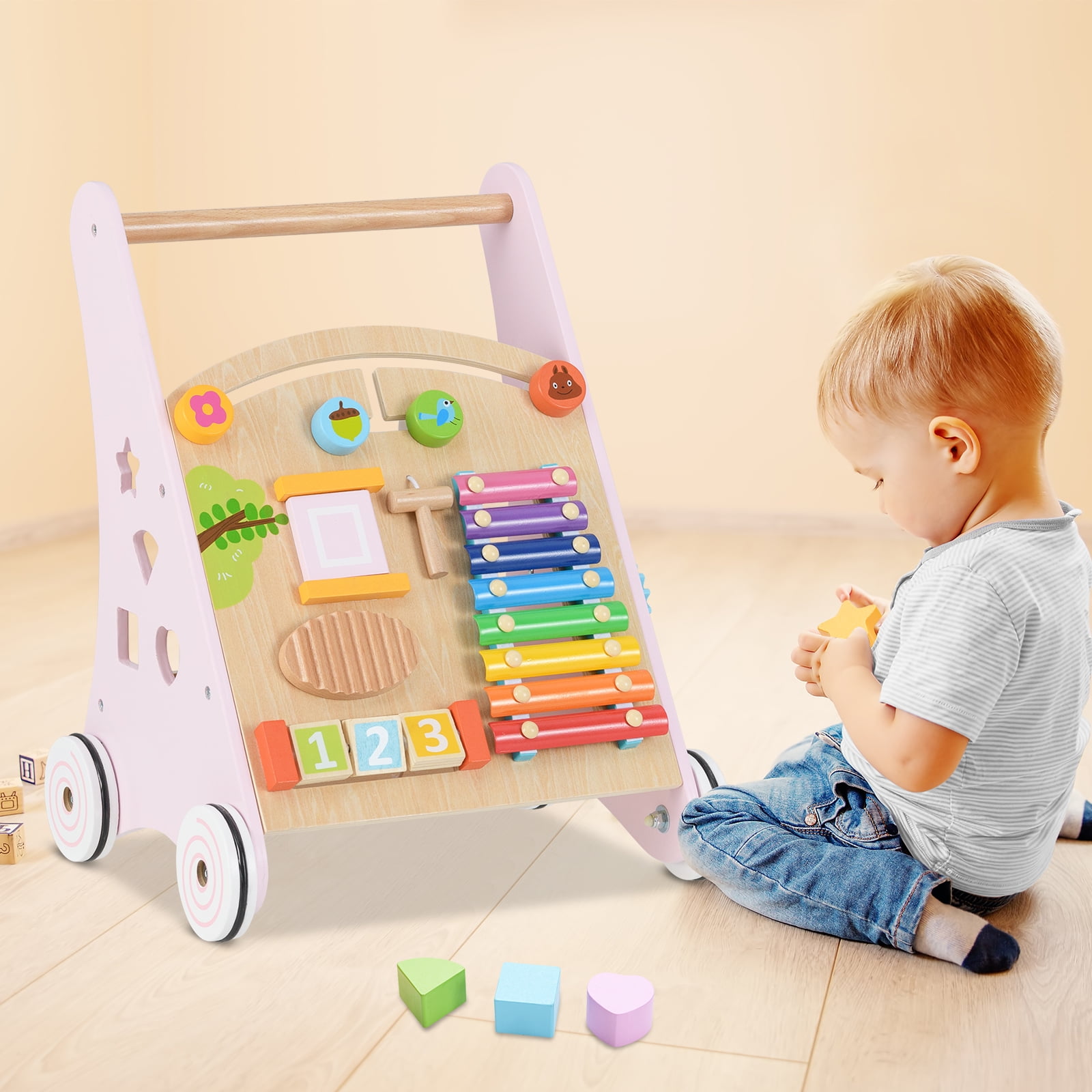 INFANS Wooden Baby Walker, Montessori Walker with Multiple Activity Toys, Storage, Push Walker Toys for Infant Learning to Walk, Sit to Stand Walker for Boys Girls Aged 1+ Years