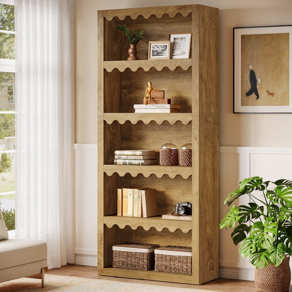 Tribesigns 5-Tier Open Bookcase, 70-Inch Tall White Bookshelf with Scalloped Edges, Modern Display Shelves Storage Organizer for Living Room, Home Office, Bedroom (1, Brown)
