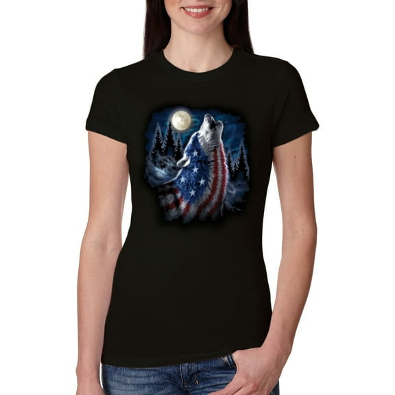 American Flag Howling Wolf Animal Lover Womens Slim Fit Junior Tee, Black, Small