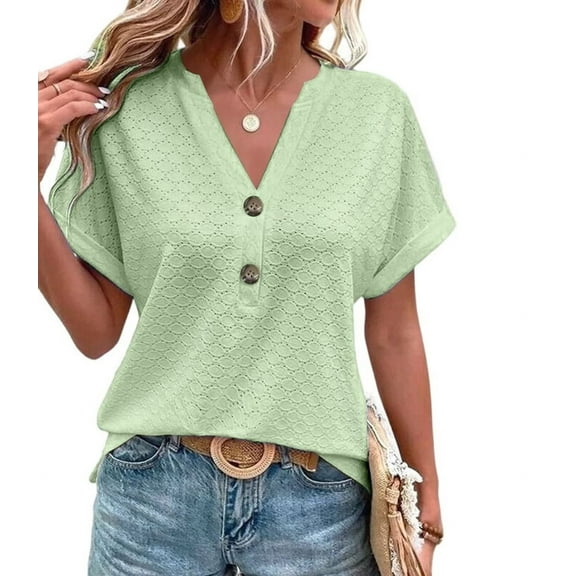 Womens Short Sleeve Henley Tops V Neck Dressy Casual Loose Fit Shirts Summer Flowy Blouses 2025 Clothes Light Green M