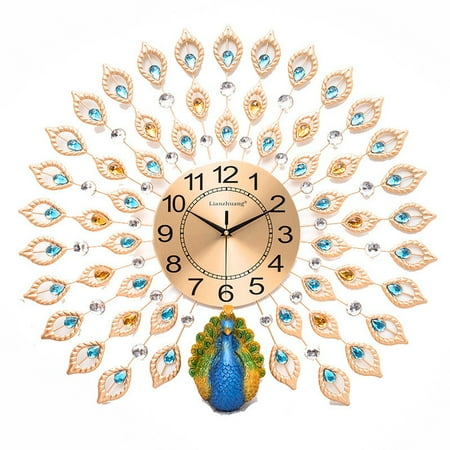 Word Clock Watch Non ticking Silent Gold 3D Diamonds Peacock Large Decorative Wall Clock Metal Watch Home Living Room Decoration Creative ()