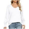 thumbnail image 2 of asjyhkr Womens Blouses V Neck Long Cuffed Sleeve Pullover Fashion Casual Loose Breathable Hiking Gym Workout Solid Color Tops, 2 of 8