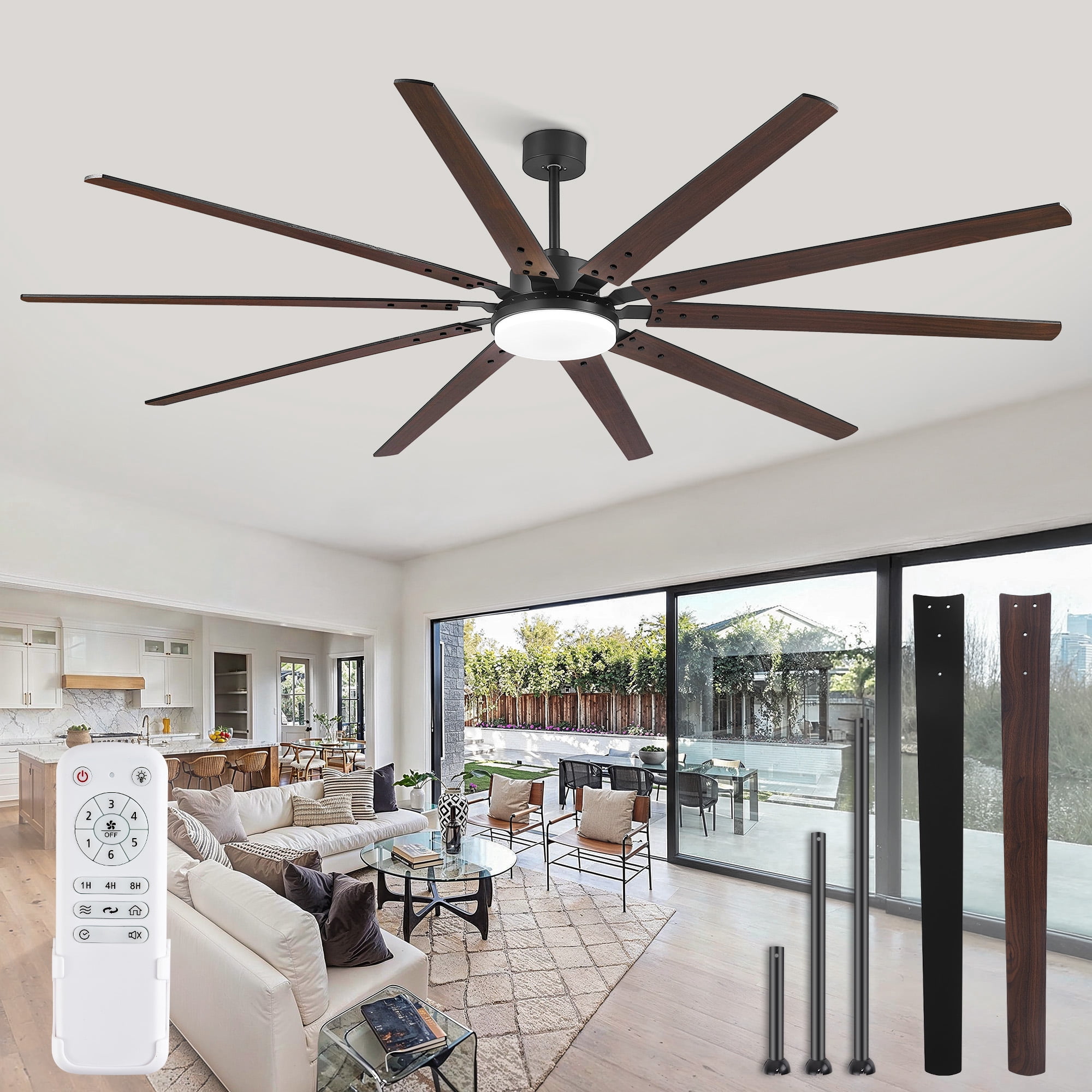 Zardon 100" Industrial Modern Ceiling Fan with LED Light and Remote, 10 Black Blades, Quiet Reversible DC Motor with 6-Speed for Large Room, Indoor