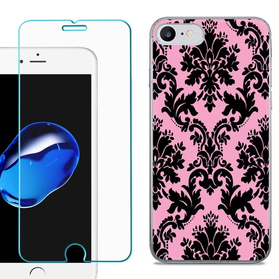 For Apple iPhone 7 / iPhone 8 Case, Slim-Fit TPU Phone Case, with Tempered Glass Screen Protector, by OneToughShield ® - Victorian Pink/Black