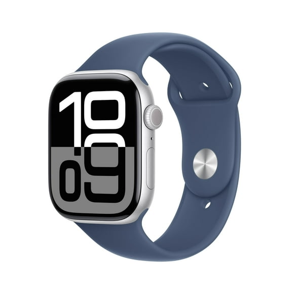 Apple Watch Series 10 [GPS 46mm case] Smartwatch with Silver Aluminium Case with Denim Sport Band - S/M. Fitness Tracker, ECG App, Always-On Retina Display, Water Resistant