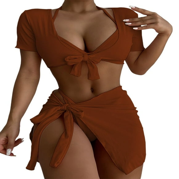 Women Padded 4PCS Swimsuits Solid Halter Triangle Bikini Set+Crop Top+Wraps Skirts Beachwear Biquini