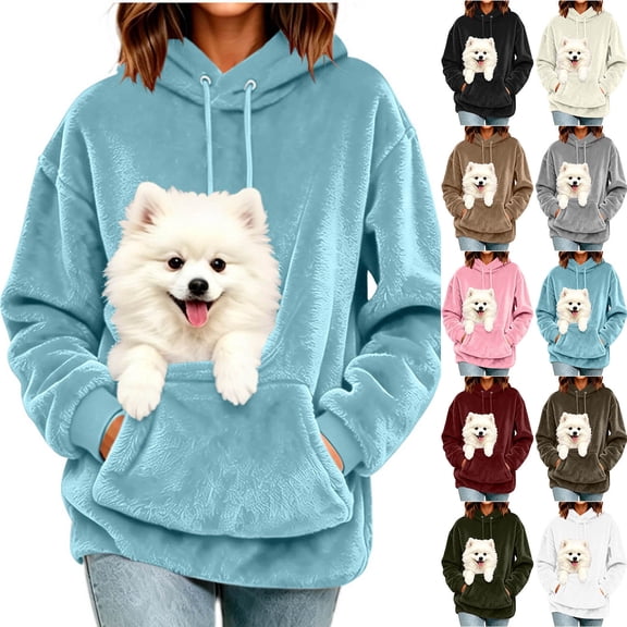 Oksale Pet Pouch Hoodies for Women Soft Comfy Fleece Sweatshirts with Hood with Pet Carrier Pockets Loose Long Sleeve Winter Warm Clothes Black M