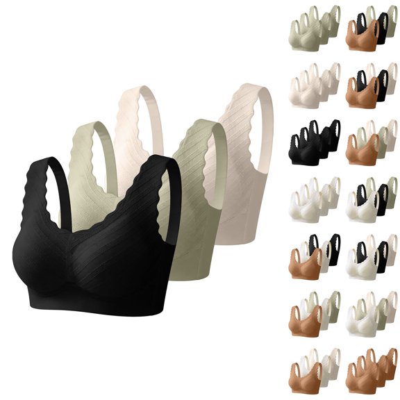 BESEW7 Women's Ice Silk Seamless Bras, Jelly Bras for Women Everyday Sports Light Support Gather Bra Soft Comfortable Back Design 3 Pack Black M