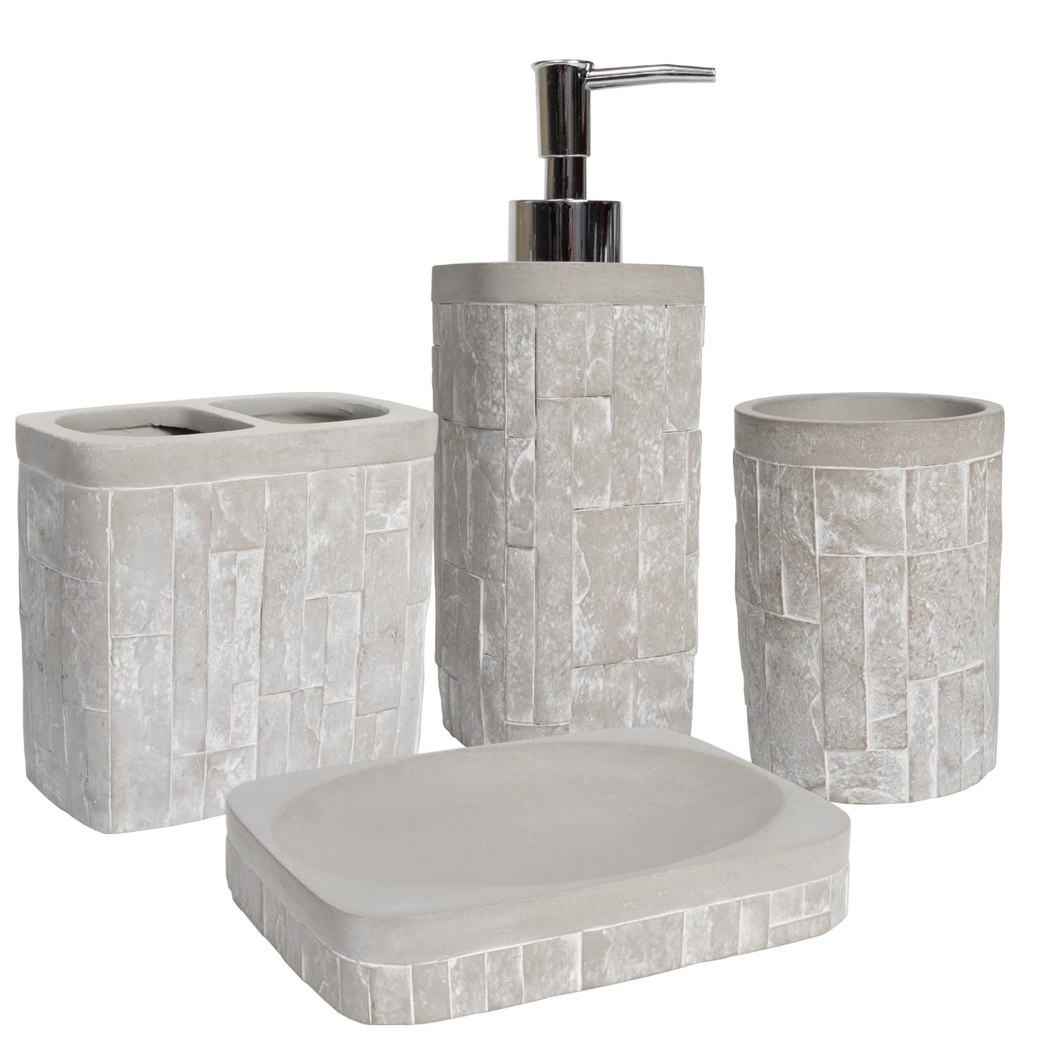 3 Piece Stone Ceramic Bathroom Set Soap Dish Tumbler & Dispenser Grey White Sand 