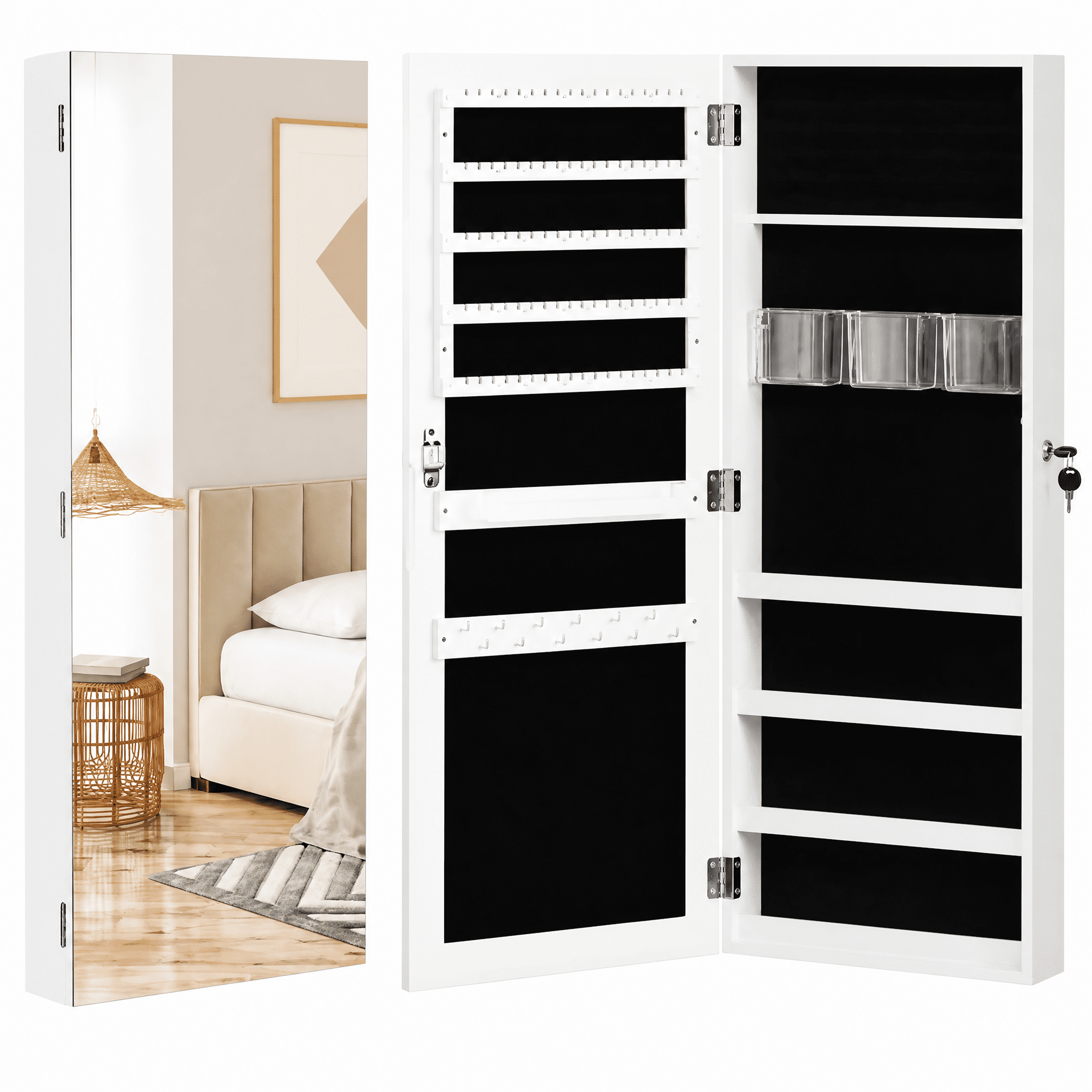 Whole Surface PVC Film Wall-Mounted Jewelry Cabinet With Mirror & Lock Large Storage For Accessories White