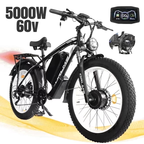 5000W Peak Electric Bike, 60V 25AH Battery Ebike for Adults, Dual Motor AWD Ebike 50MPH 21-Speed ,Long Range Mountain EBike with 26" x 4.0 Fat Tire, All-Road Mountain Bike UL2849, Christmas Gift