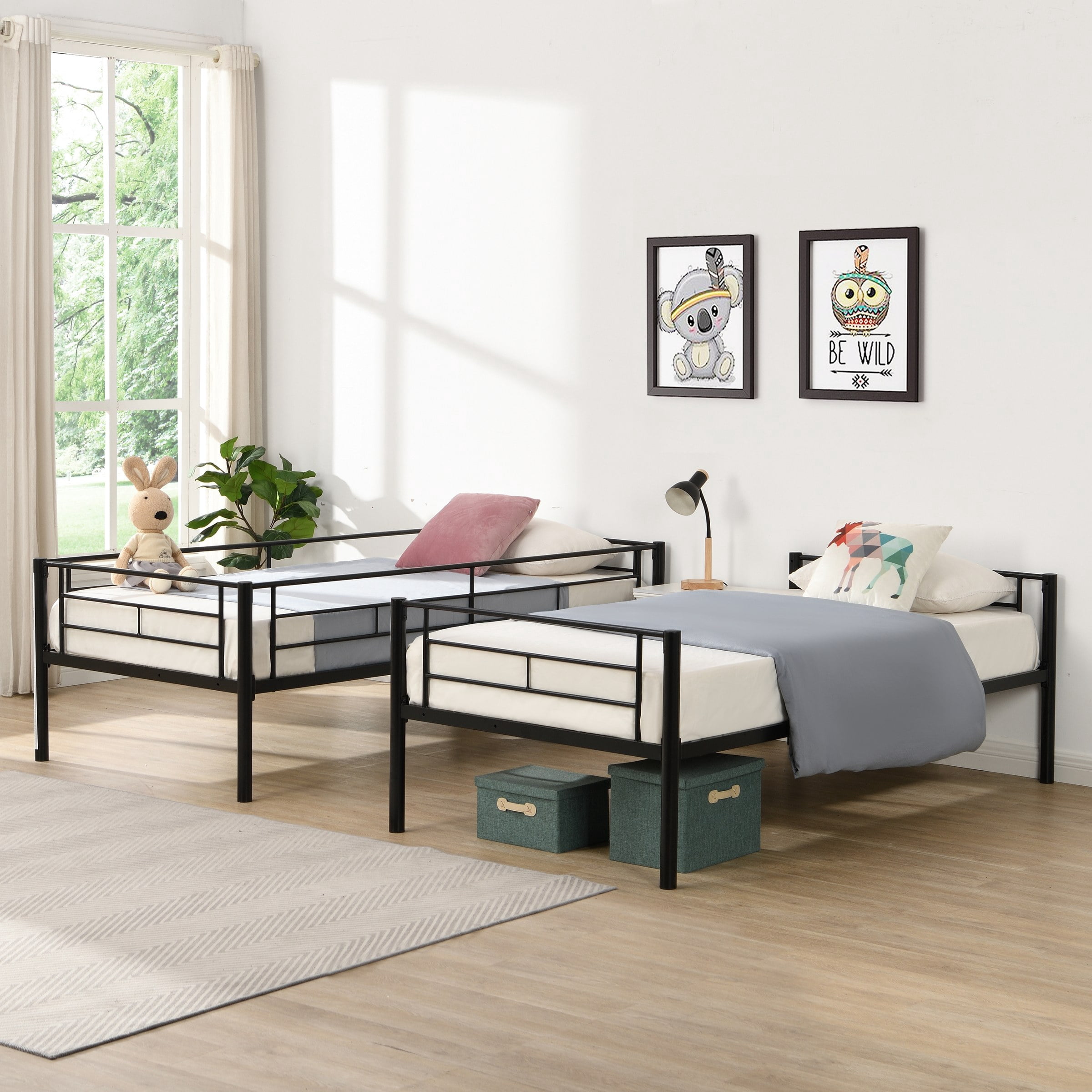 Twin Over Twin Metal Bunk Bed with Trundle Black