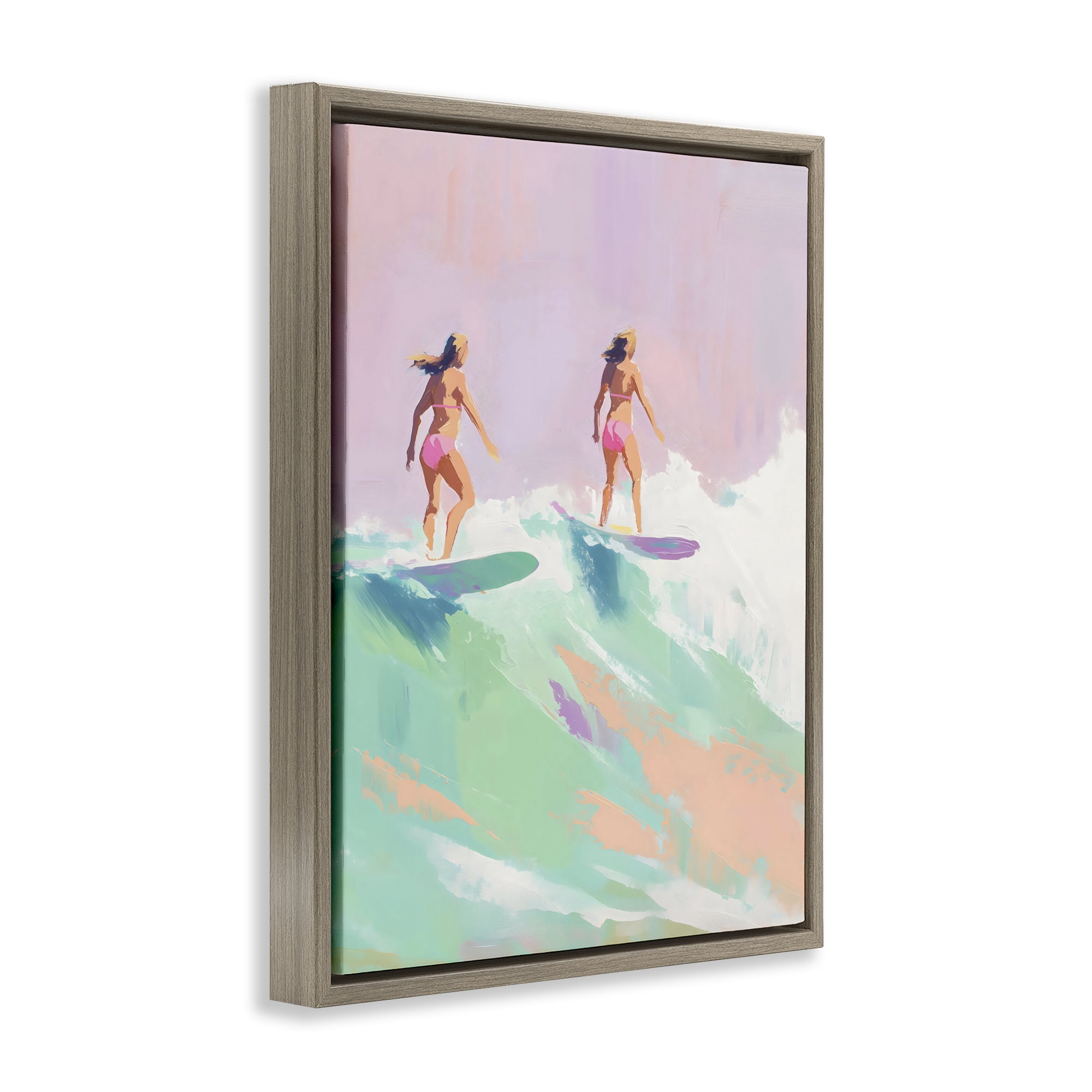 Stupell Industries Two Surfing Girls on Wave Brown Framed Floater Canvas Wall Art, design by The Prints Vibe