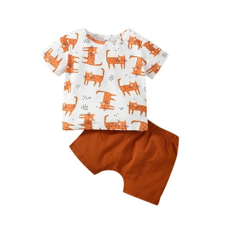 

Suanret 2Pcs Toddler Baby Boys Clothes Sets Cartoon Animal Short Sleeve Tops + Solid Color Shorts Beachwear Brown 9-12 Months