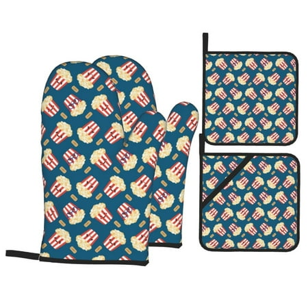 

Oven Mitts and Pot Holders 4 pcs Set Cute Popcorn Expression Heat Resistant Pot Holders Oven Mitts for kitchen Non-Slip Hanging Loop Oven Glove Potholders for Baking Cooking