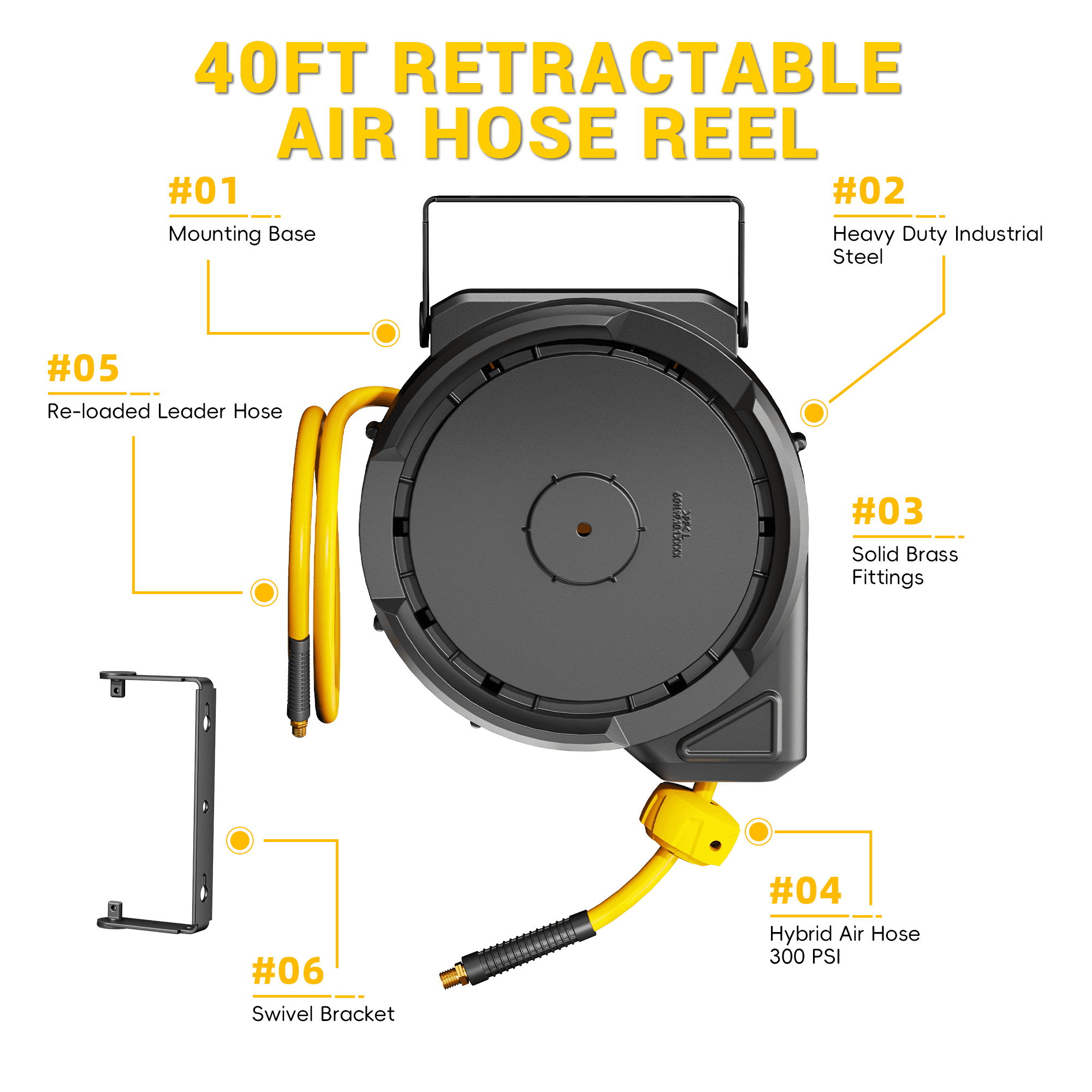 Dkenicor 40ft Retractable Air Hose Reel,5/16" 300 PSI Heavy Duty with 180° Swivel & Lock,6.5ft Lead-in Hose for Garage Workshop,Yellow