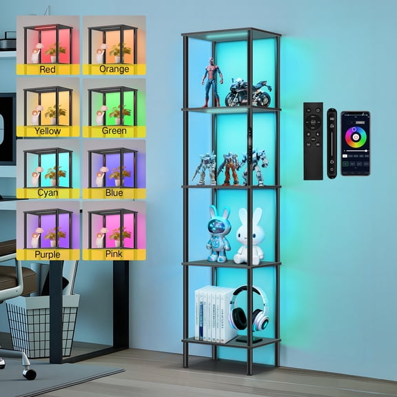 OUTONLIFE RGBW Display Shelf, 8 Colorful Modes, APP & Slide & Remote Control, Adjustable Brightness & Color Temperature,  Stable Floor Lamps with Shelves for Living Room, Bedroom, Gaming (Black)