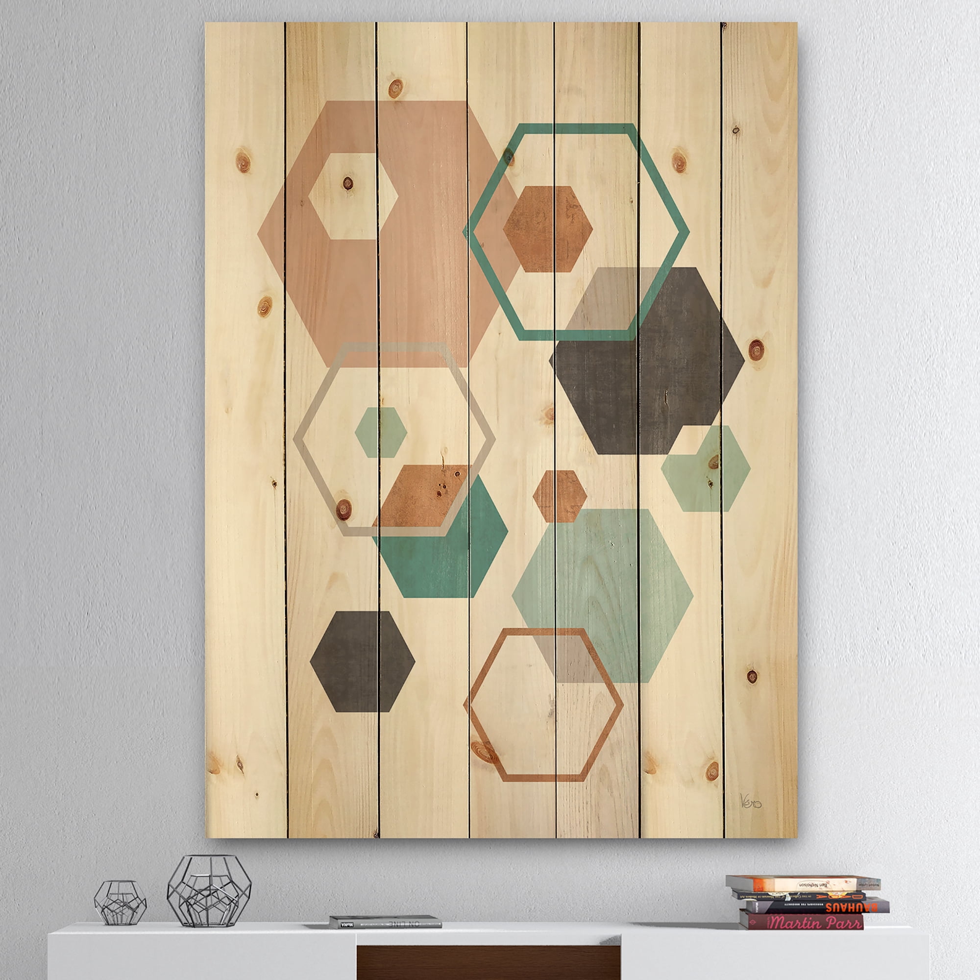 Designart 'Geometric hexagons Pattern VII' Transitional Print on Natural Pine Wood