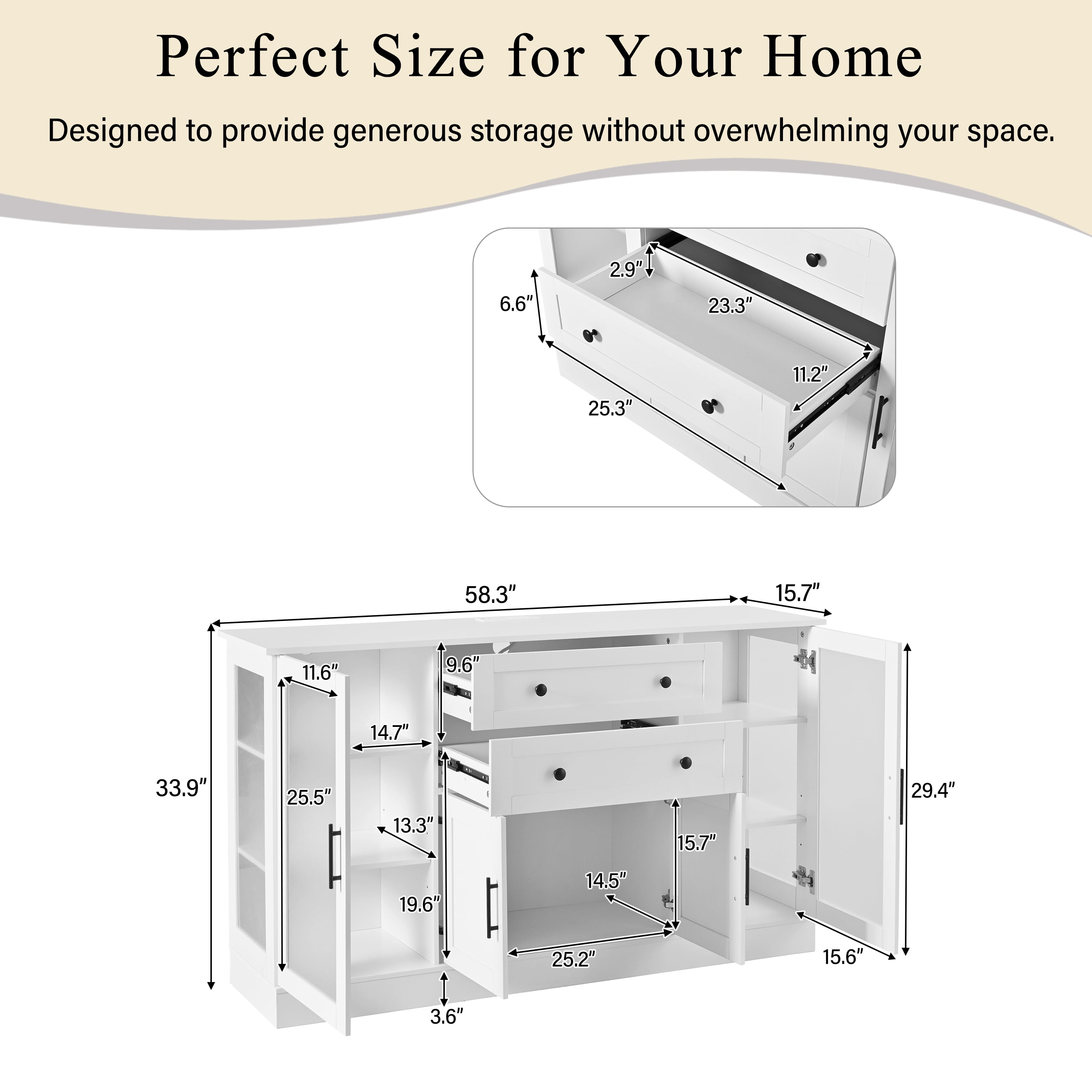 Mintazer 58" Modern Acrylic Sideboard Buffet Cabinet with Power Outlet & Adjustable Shelves, Storage Cabinet with 4 Doors & 2 Drawers for Dining Room Living Room Kitchen, White