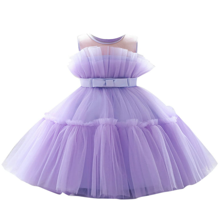 Sleeveless Bowknot Birthday Party Gown for Toddler Kid Girl Pleated Shell  Yarn Long Dress Multi-Layed Solid Color Cake Dresses 