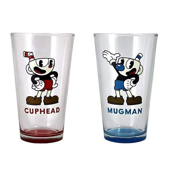 Just Funky Cuphead Pint Glass, Set of 2, Transparent Beer Glasses with Bottom Spray, 16 oz