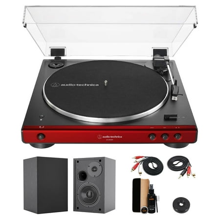 Audio-Technica AT-LP60XBT Fully Automatic Bluetooth Belt-Drive Stereo Turntable (Red & Black) with 45 rpm Adapter, 4 Inch Bookshelf Speakers (Pair) and Waith Record Cleaning Kit (Essential Bundle)